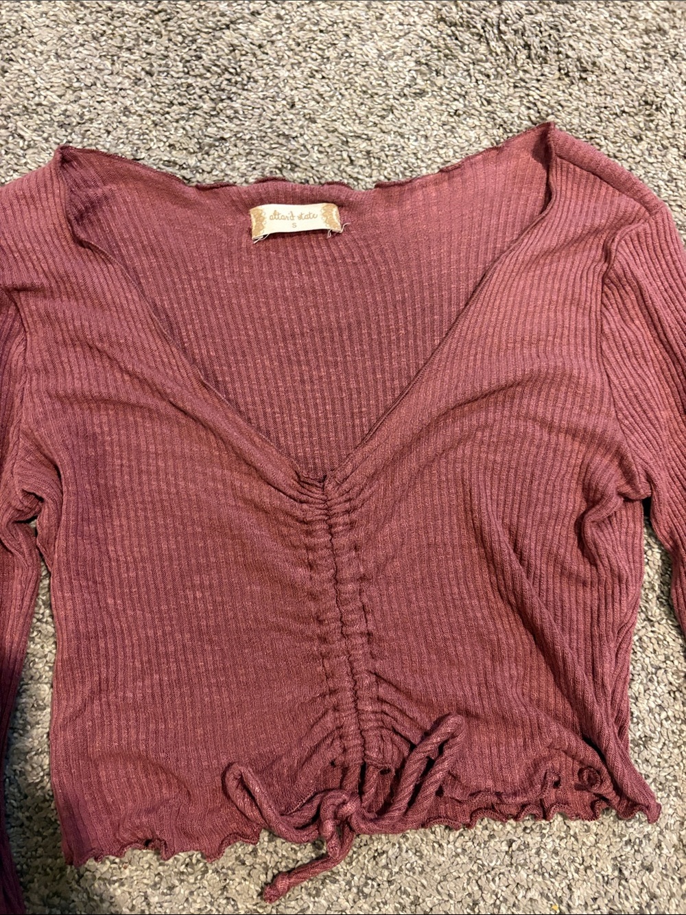 Altar'd State Mauve Ribbed Ruched Long Sleeve Crop Top
